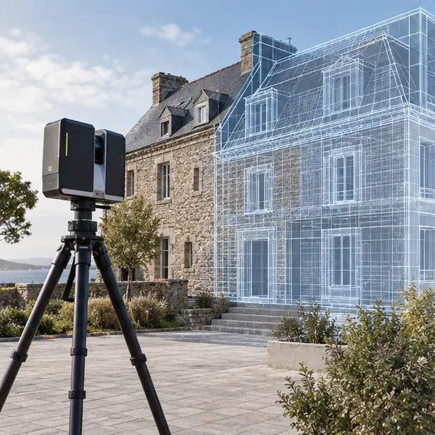 Illustration d'un scanner laser 3D devant un bâtiment avec superposition d'une maquette numérique BIM.