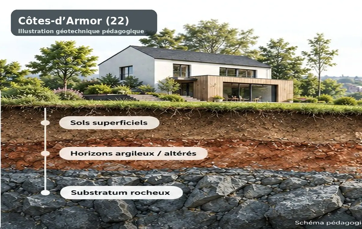 Illustration pédagogique d'une étude géotechnique : bâtiment et couches de terrain (Côtes-d'Armor).