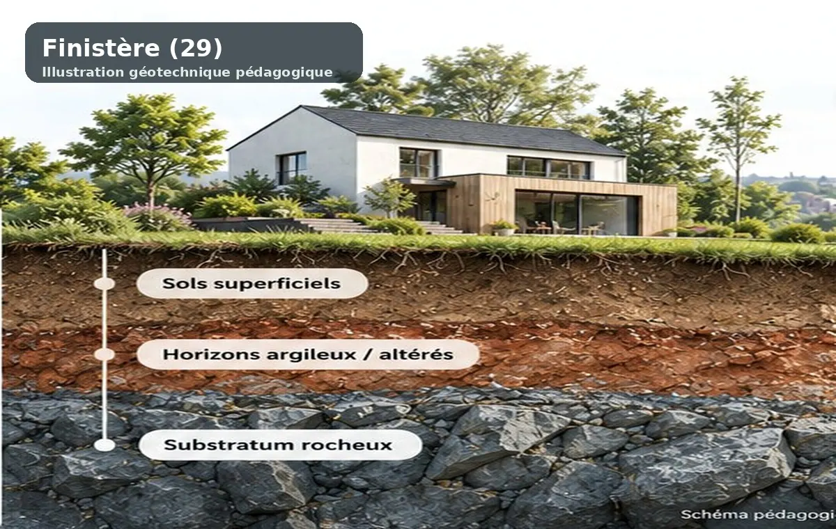 Illustration pédagogique d'une étude géotechnique : bâtiment et couches de terrain (Finistère).