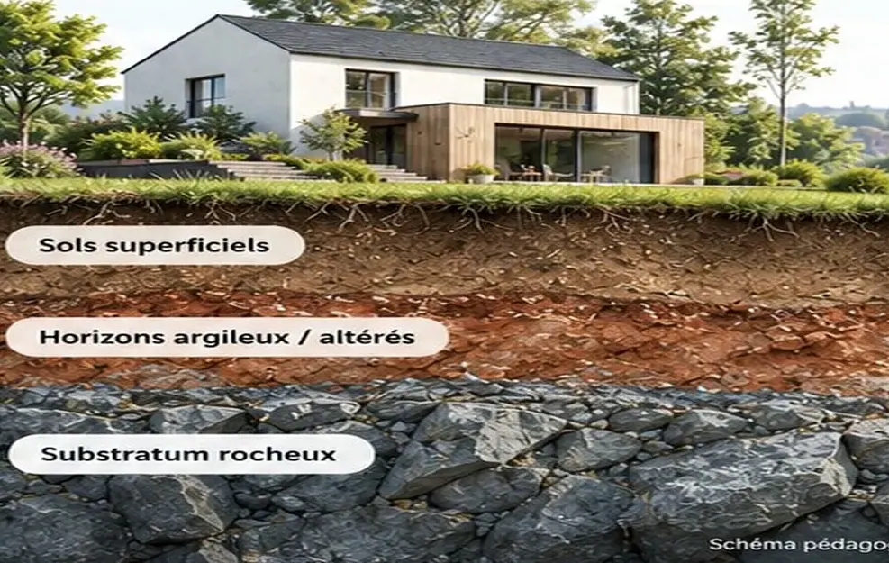 Illustration pédagogique d'une étude géotechnique : bâtiment et couches de terrain (Loire-Atlantique).