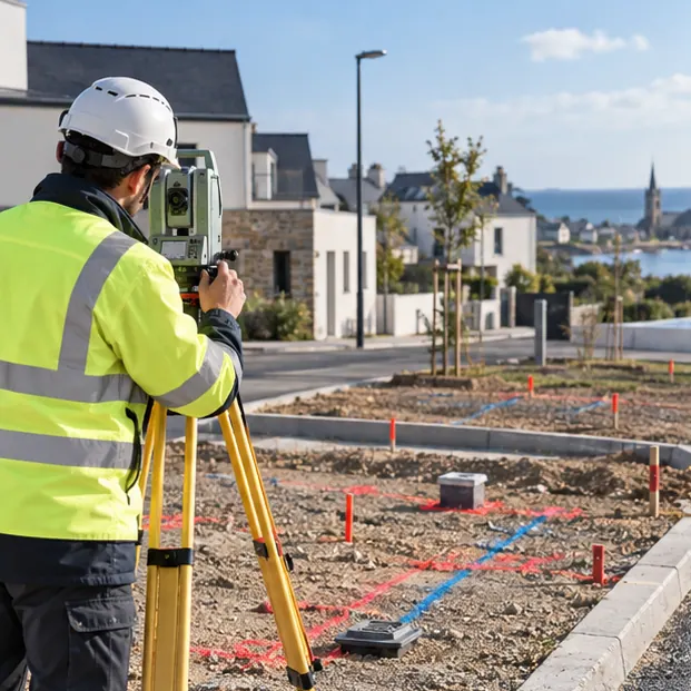 Illustration d'un géomètre réalisant un relevé topographique avec marquages de réseaux sur un site d'aménagement.