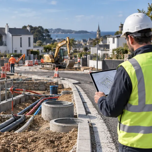 Illustration d'une opération de voirie et réseaux divers avec conduites, ouvrages et suivi de chantier.